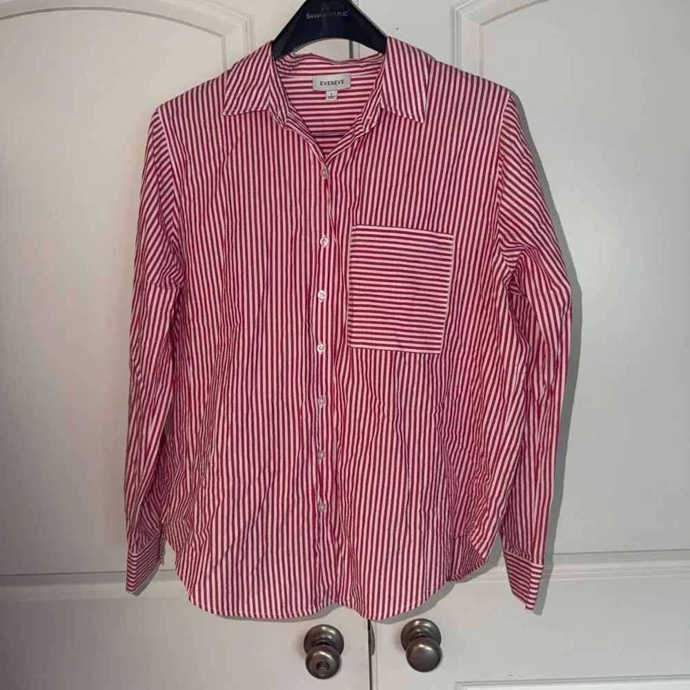Evereve Womens Red White Striped Cotton Button Down Shirt Long Sleeve Size L